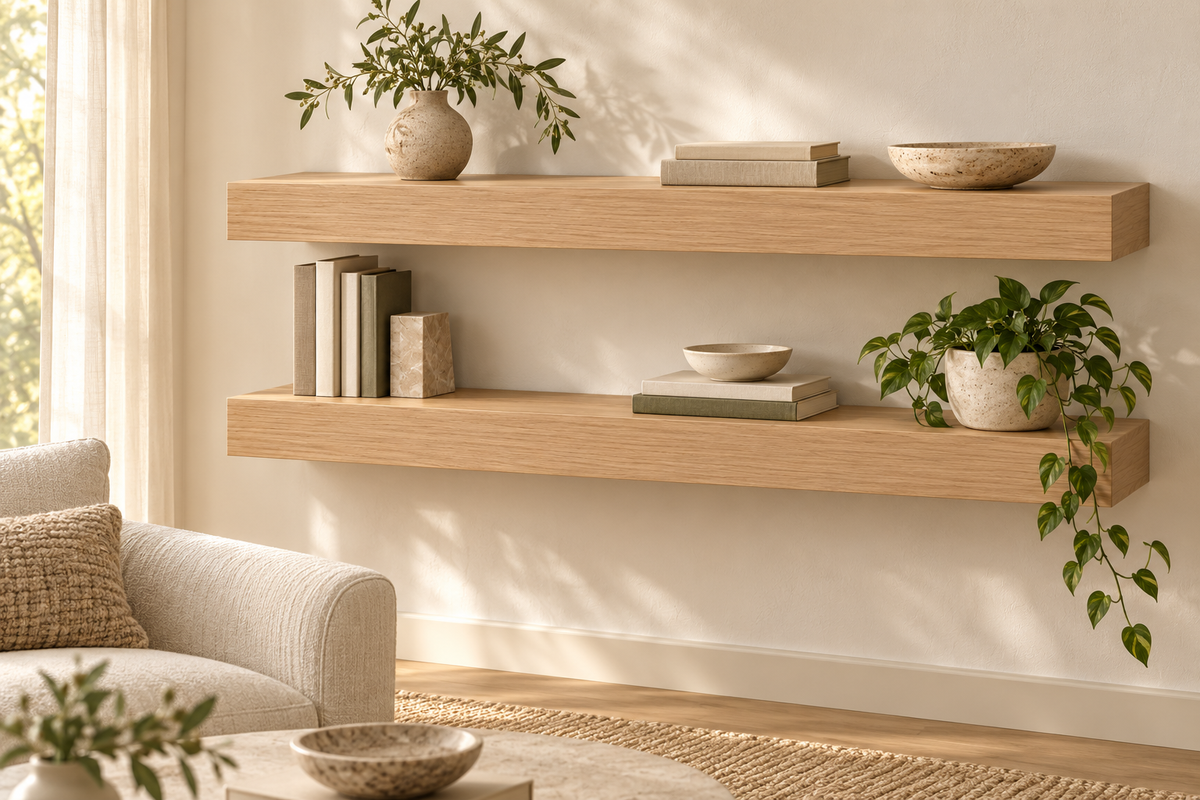 Representative lifestyle rendering of Rift White Oak floating shelves mounted in a furnished home. Shelves sold individually.