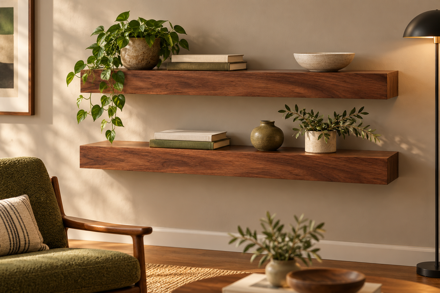 Representative lifestyle rendering of Walnut floating shelves mounted in a furnished home. Shelves sold individually.