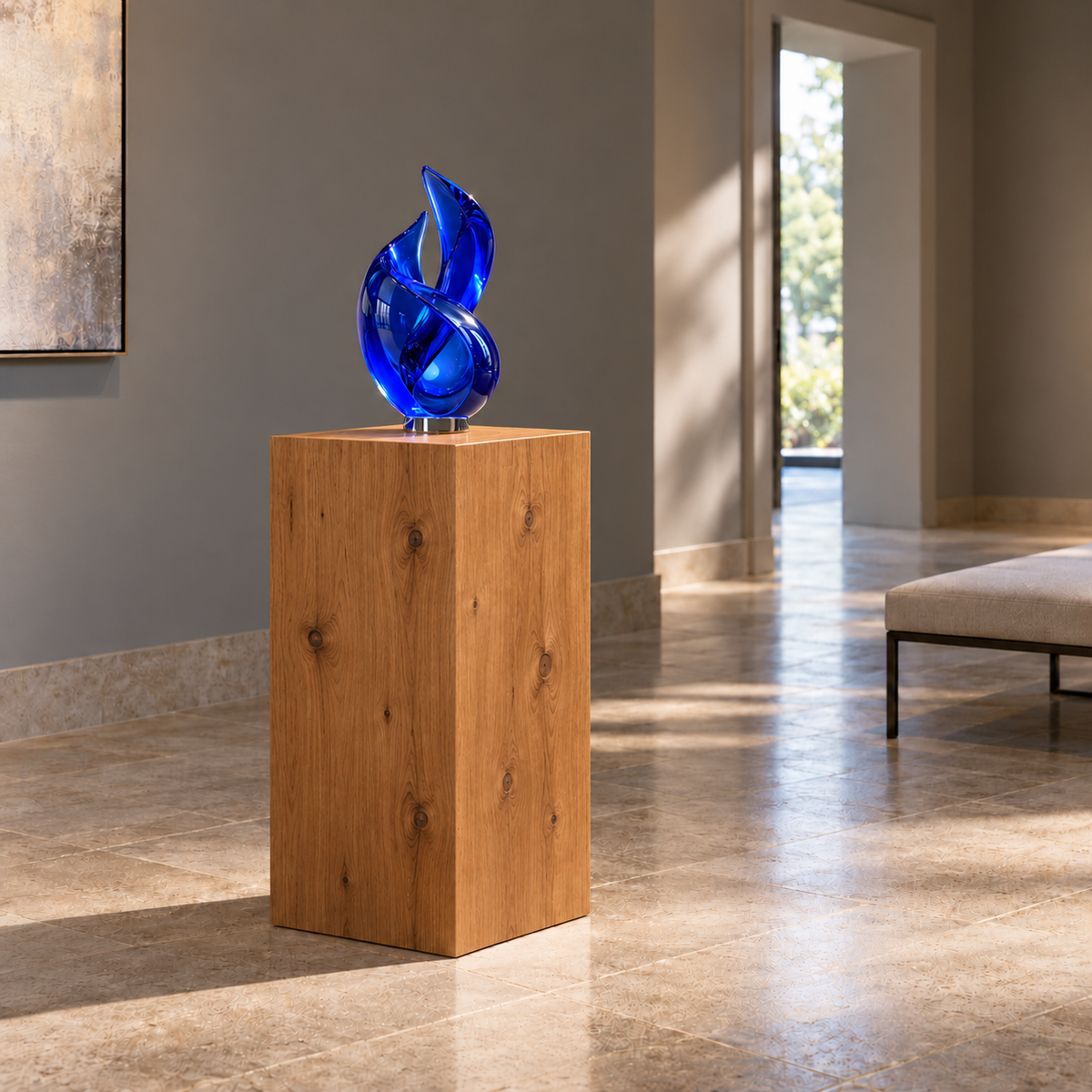 Titan Knotty Alder display pedestal, 16 × 16 × 30 inches, Rubio Monocoat Bourbon, in a glass-gallery setting. Illustrative room scene; artwork not included.