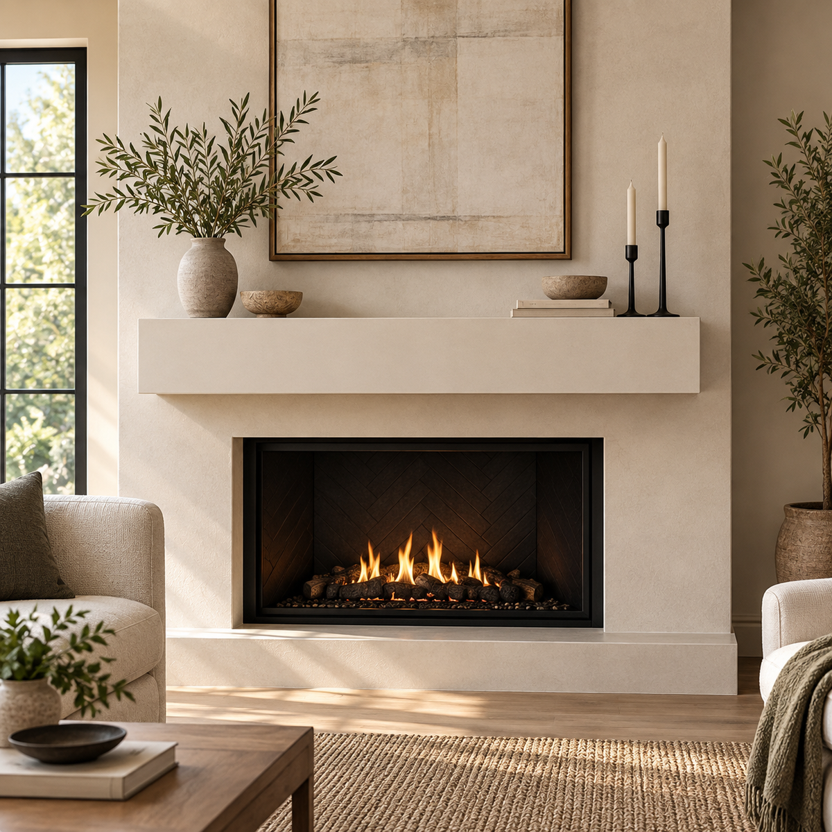 Paint Ready Fireplace Mantel in a finished interior; shown for form and proportion