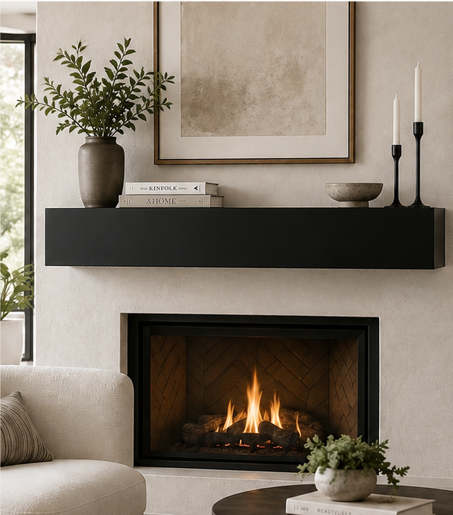 Painted Fireplace Mantel in Sherwin-Williams Tricorn Black SW 6258 in a finished interior