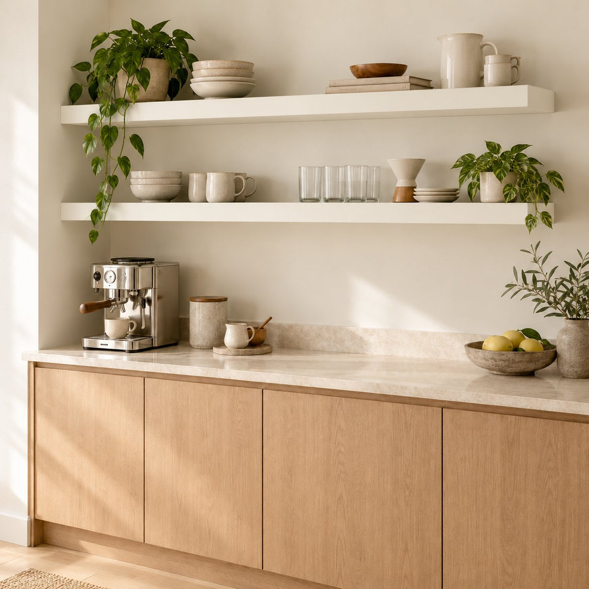 Representative room rendering of Alabaster painted single-return floating shelves above a kitchen counter, with left ends against the side wall and exposed right ends. Shelves sold individually; screen colors are approximate.
