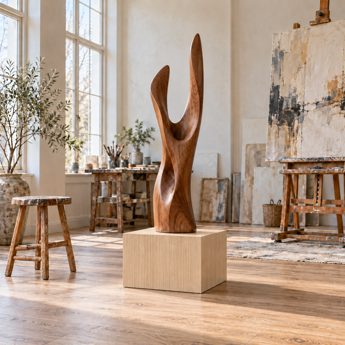 Titan Rift White Oak display pedestal, 16 × 16 × 12 inches, Unfinished / Stain Ready, in a studio setting. Illustrative room scene; artwork not included.