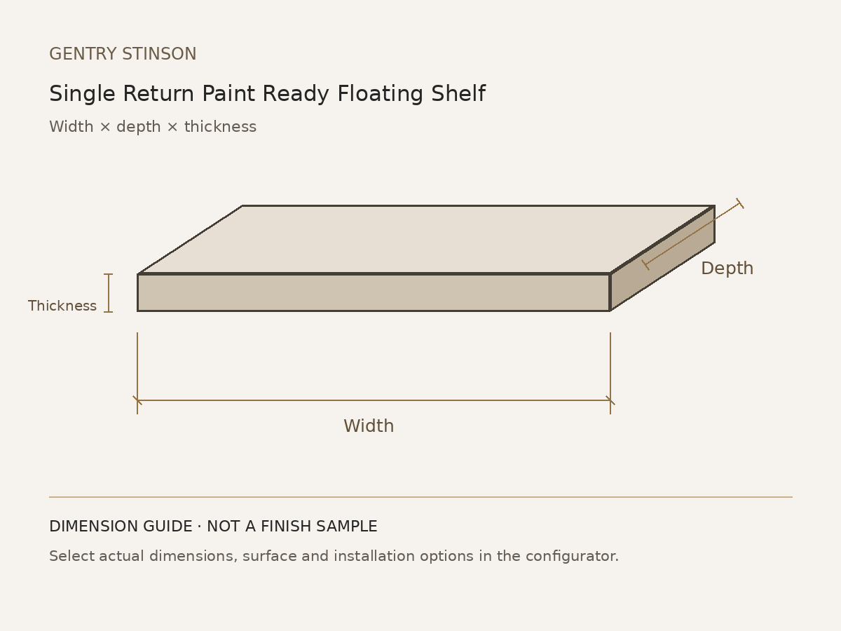 Single Return Paint Ready Floating Shelf dimension diagram showing width, depth and thickness. Neutral illustration, not a finish sample or installation photograph.
