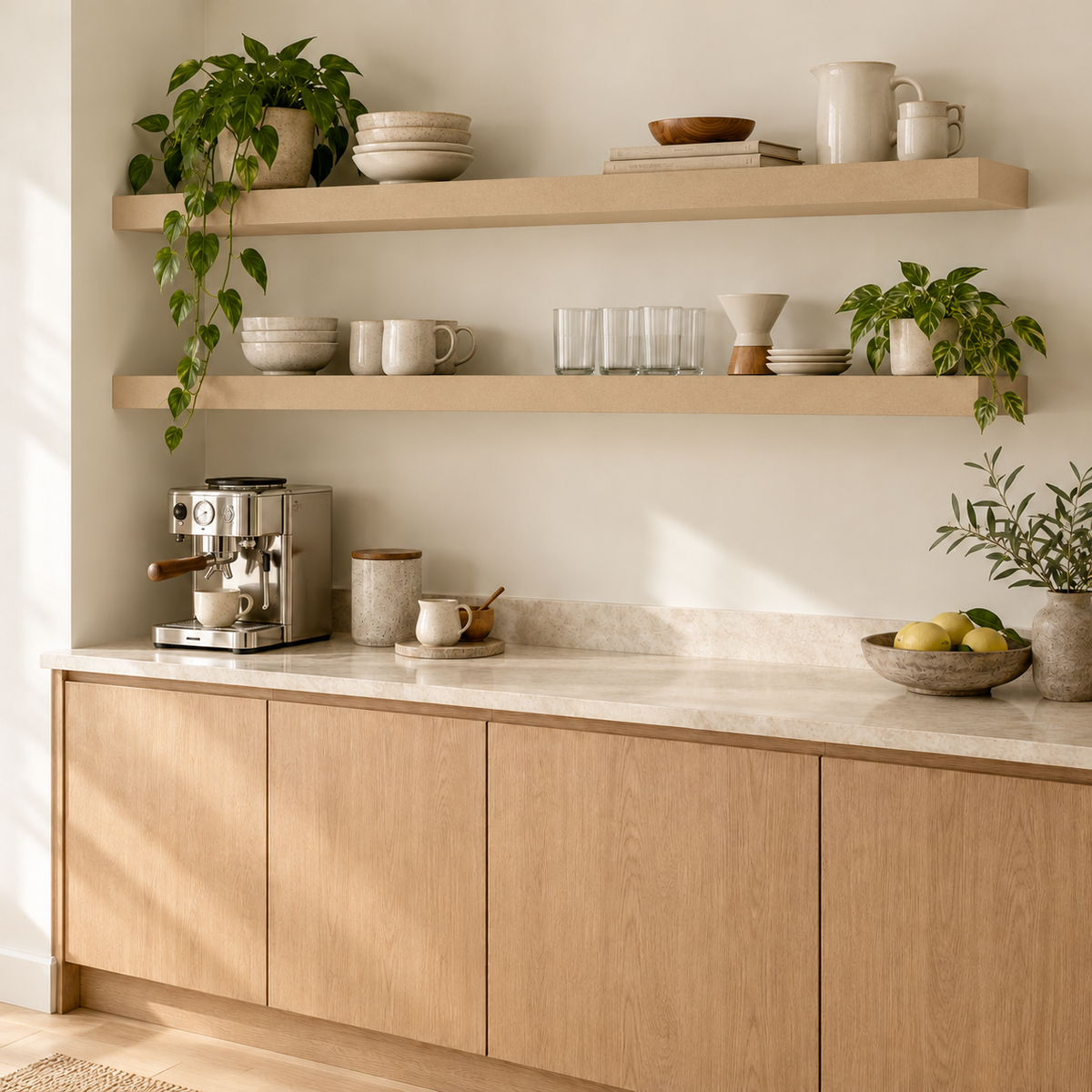 Representative room rendering of unfinished MDF single-return floating shelves above a kitchen counter, with left ends against the side wall and exposed right ends. Shelves sold individually.