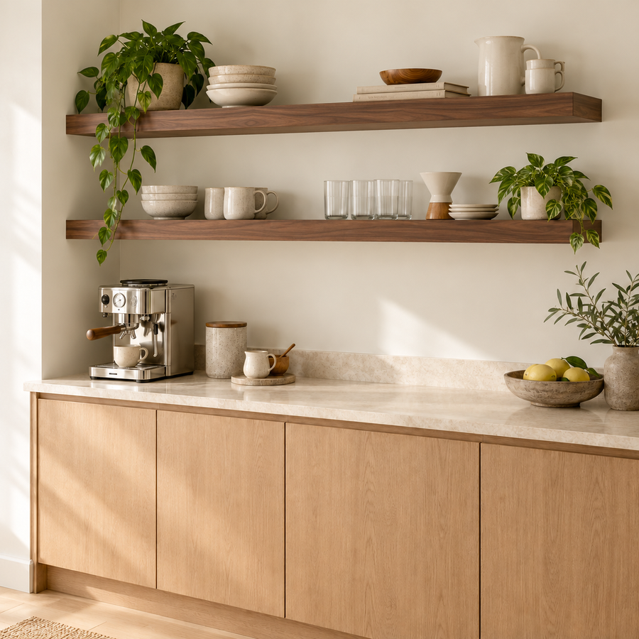 Representative room rendering of walnut veneer single-return floating shelves above a kitchen counter, with left ends against the side wall and exposed right ends. Shelves sold individually.