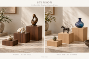 Titan collectible pedestal sets in natural walnut on the left and natural white oak on the right; concept rendering.