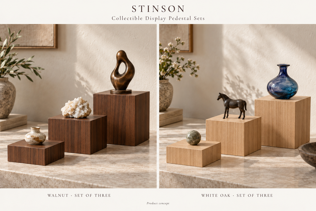Titan collectible pedestal sets in natural walnut on the left and natural white oak on the right; concept rendering.