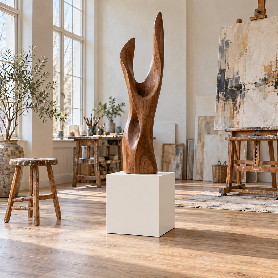 Titan painted display pedestal, 11 × 11 × 12 inches, Alabaster SW 7008, styled in an artist's studio. Artwork not included.