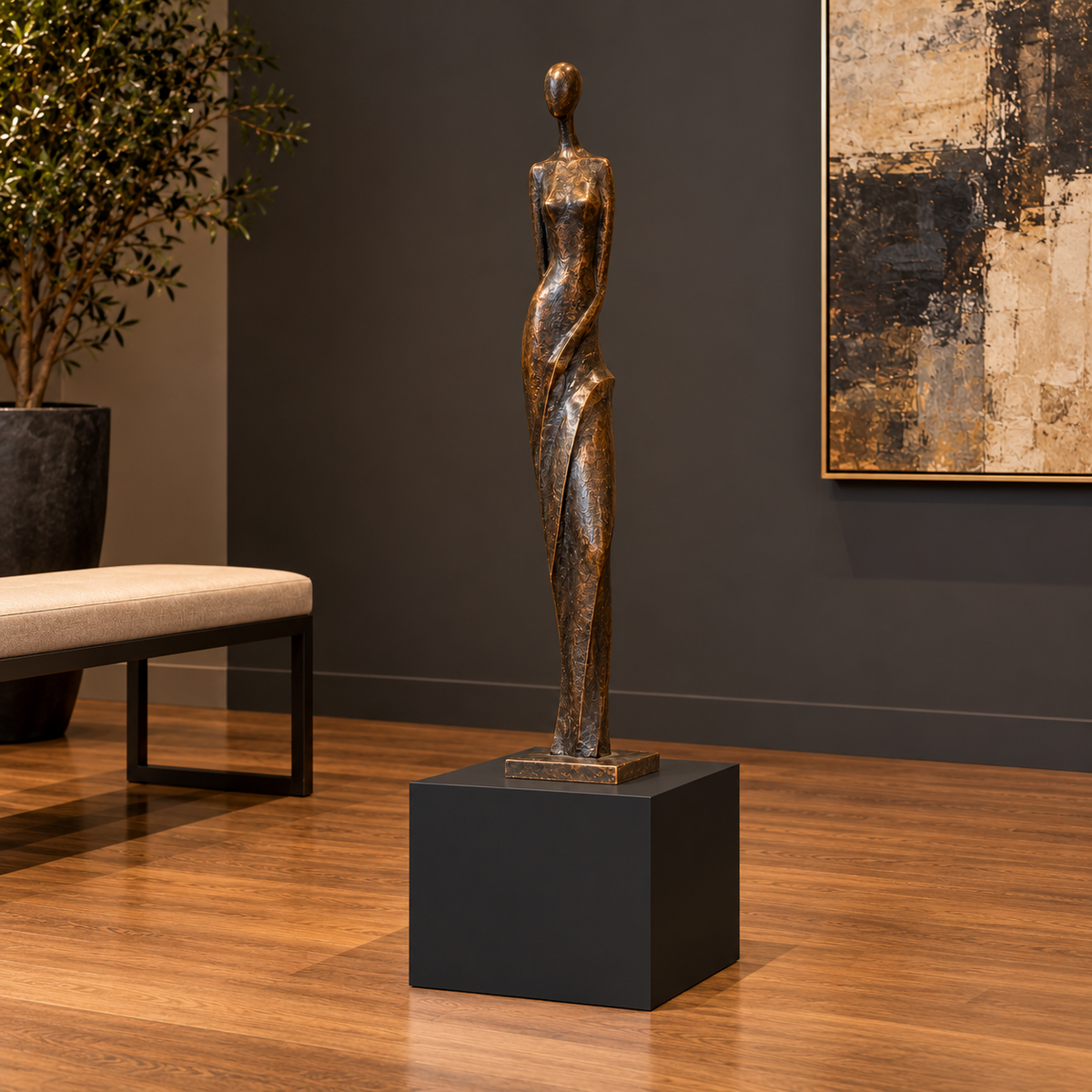Titan painted display pedestal, 11 × 11 × 12 inches, Tricorn Black SW 6258, styled in collection. Artwork not included.