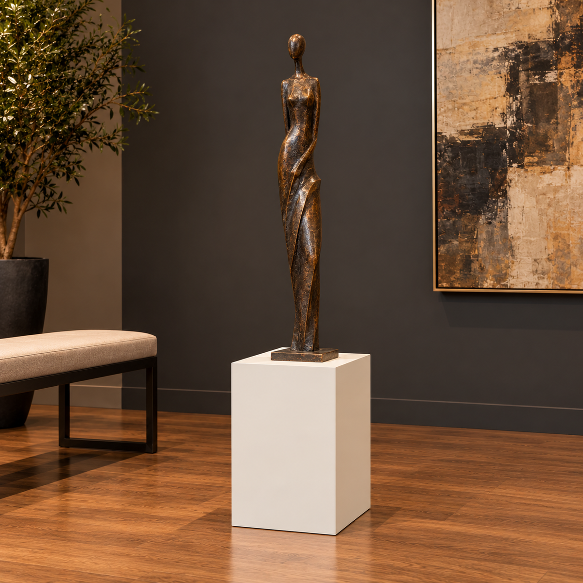 Titan painted display pedestal, 11 × 11 × 18 inches, Alabaster SW 7008, styled in collection. Artwork not included.