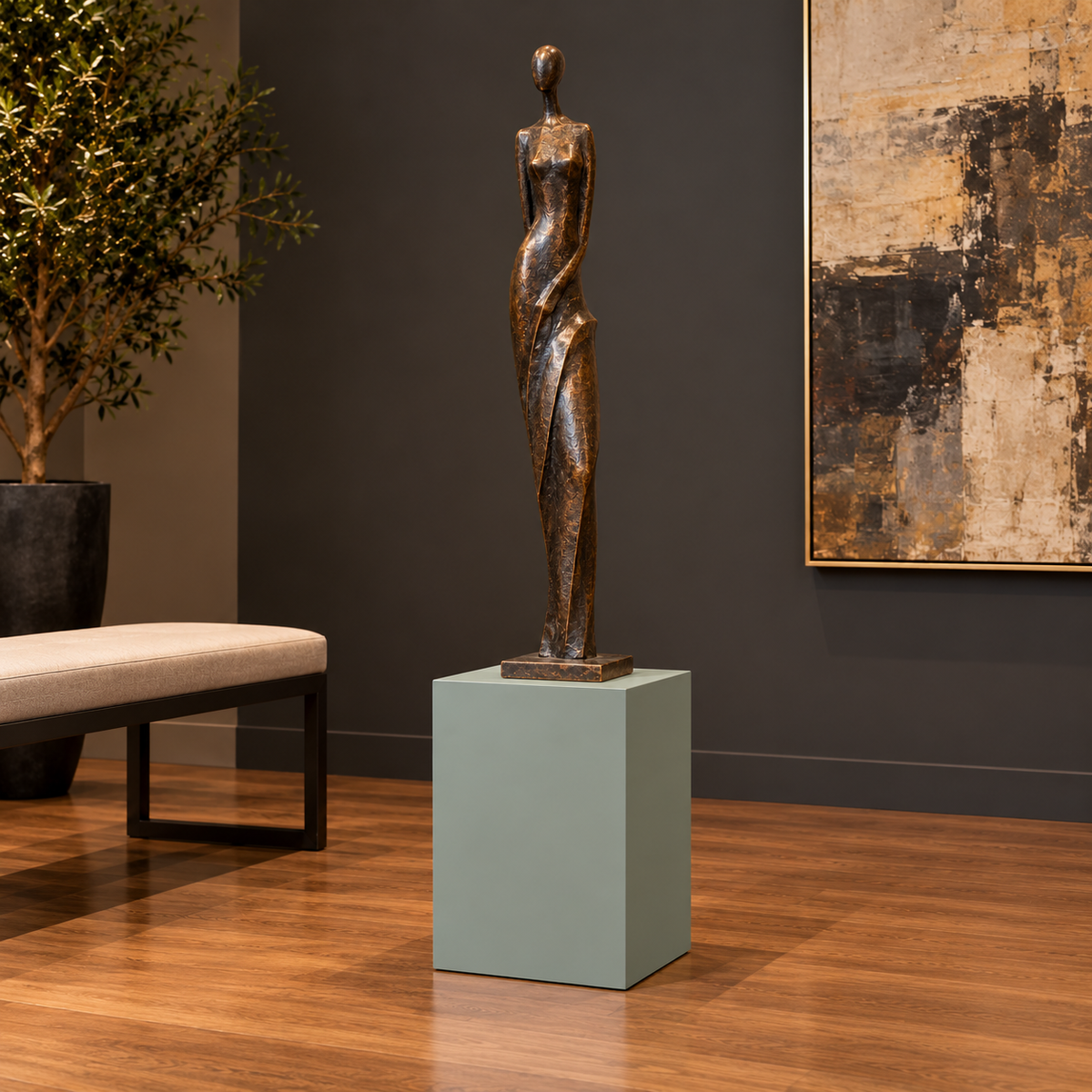 Titan painted display pedestal, 11 × 11 × 18 inches, Halcyon Green SW 6213, styled in collection. Artwork not included.