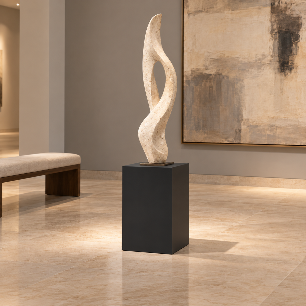 Titan painted display pedestal, 11 × 11 × 18 inches, Tricorn Black SW 6258, styled in low-gallery. Artwork not included.