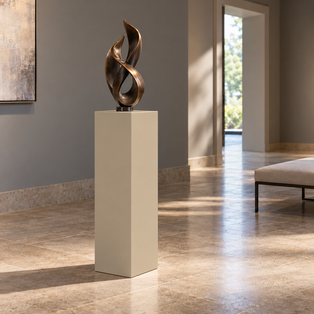 Titan painted display pedestal, 11 × 11 × 30 inches, Universal Khaki SW 6150. Styled setting; artwork not included.
