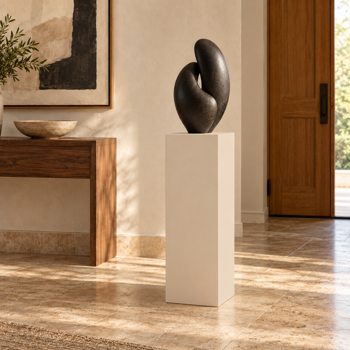 Titan painted display pedestal, 11 × 11 × 30 inches, Natural Linen SW 9109. Styled setting; artwork not included.