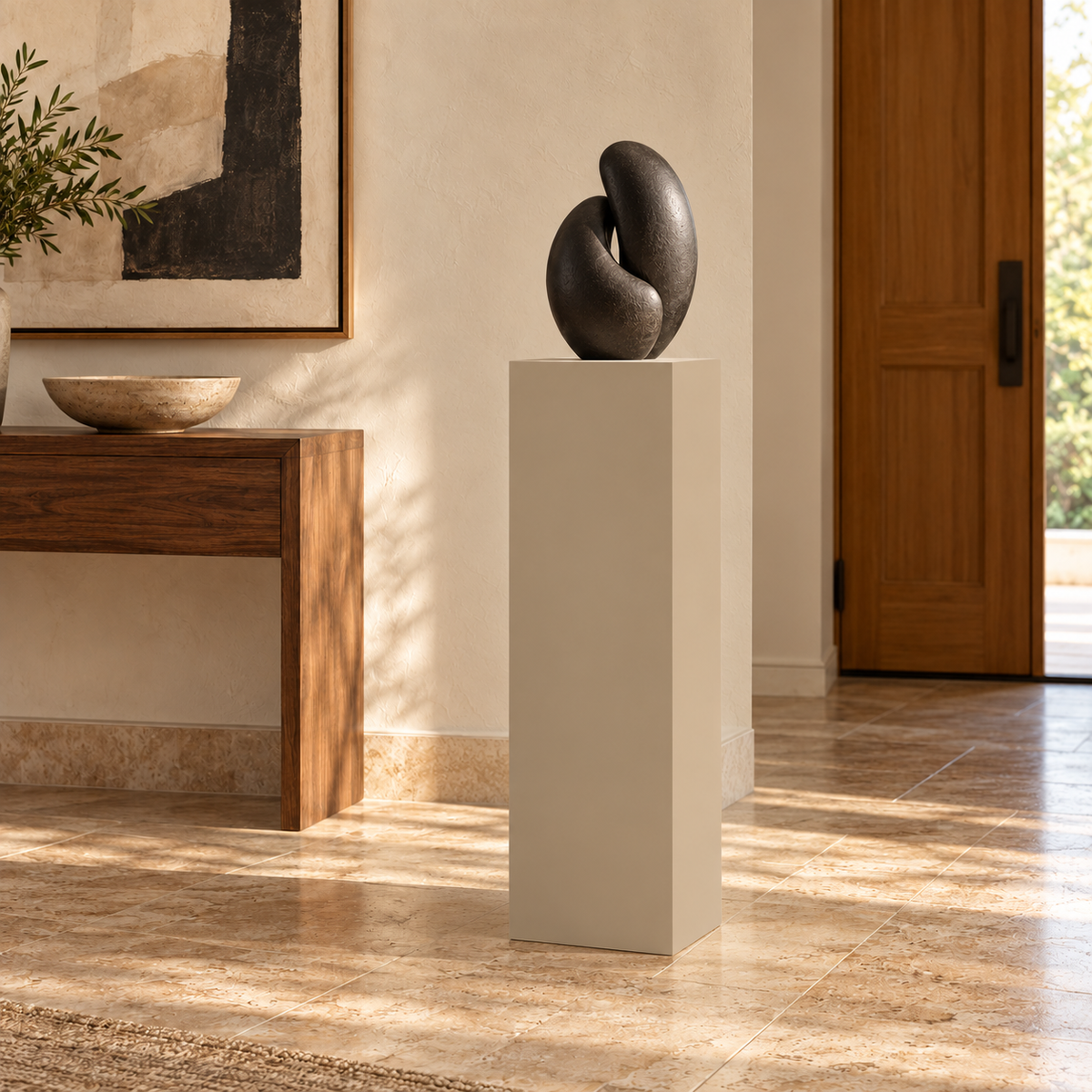 Titan painted display pedestal, 11 × 11 × 36 inches, Universal Khaki SW 6150. Styled setting; artwork not included.