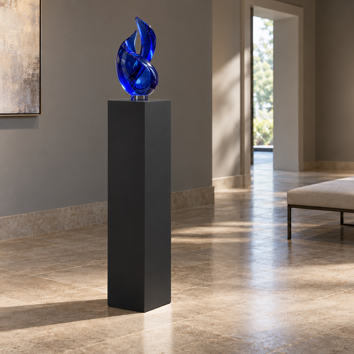 Titan painted display pedestal, 11 × 11 × 42 inches, Tricorn Black SW 6258. Styled setting; artwork not included.