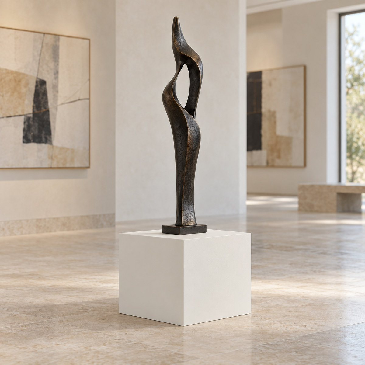 Pure White SW 7005 painted display pedestal in a gallery room with a tall sculpture; representative room rendering.