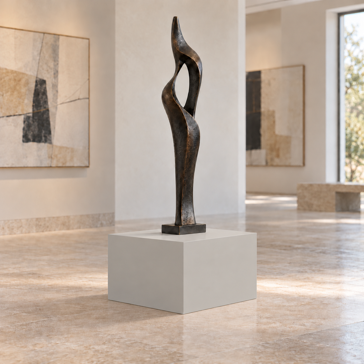 Light French Gray SW 0055 painted display pedestal in a 01 low gallery squat setting; representative room rendering.