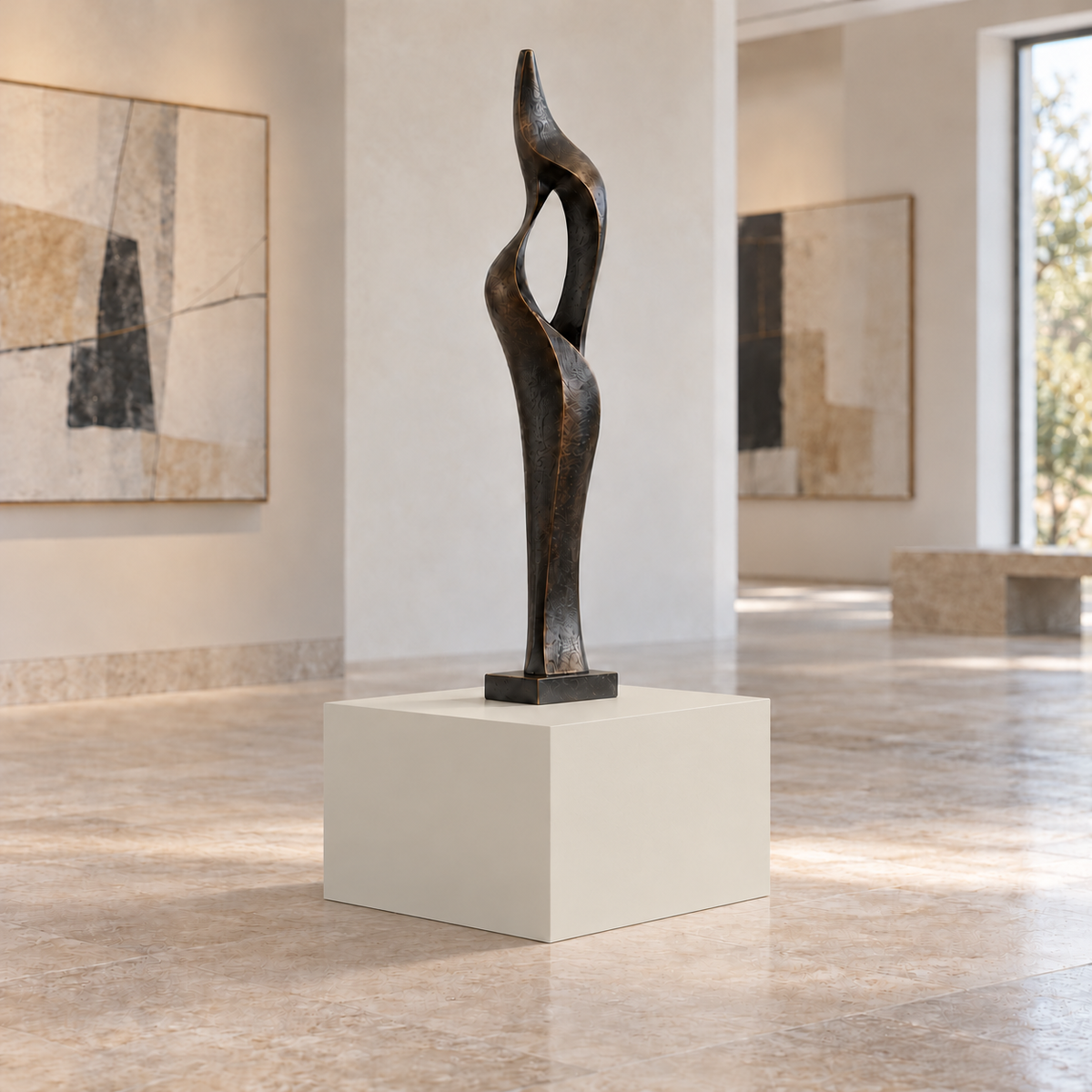 Natural Choice SW 7011 painted display pedestal in a 01 low gallery squat setting; representative room rendering.