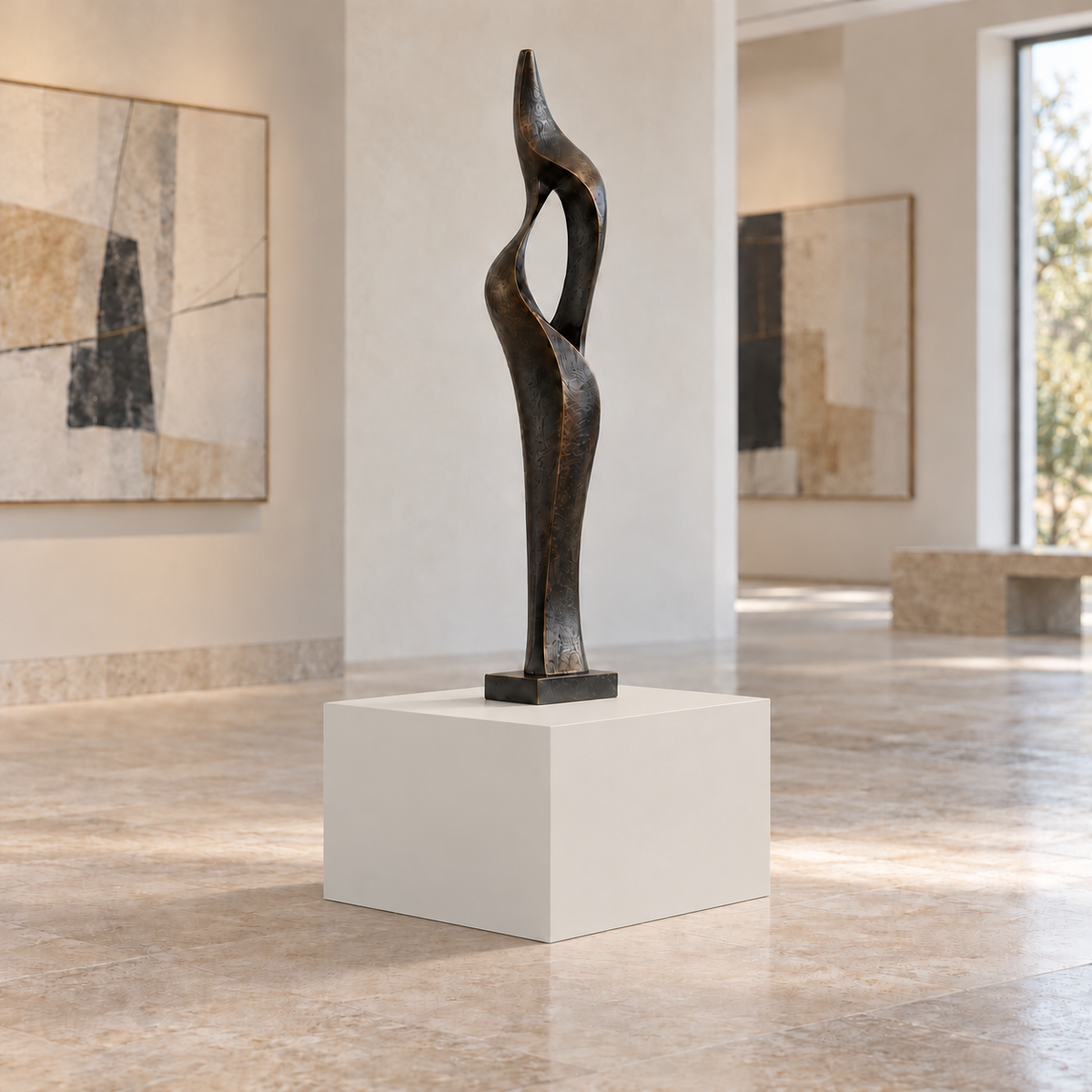 Eider White SW 7014 painted display pedestal in a 01 low gallery squat setting; representative room rendering.