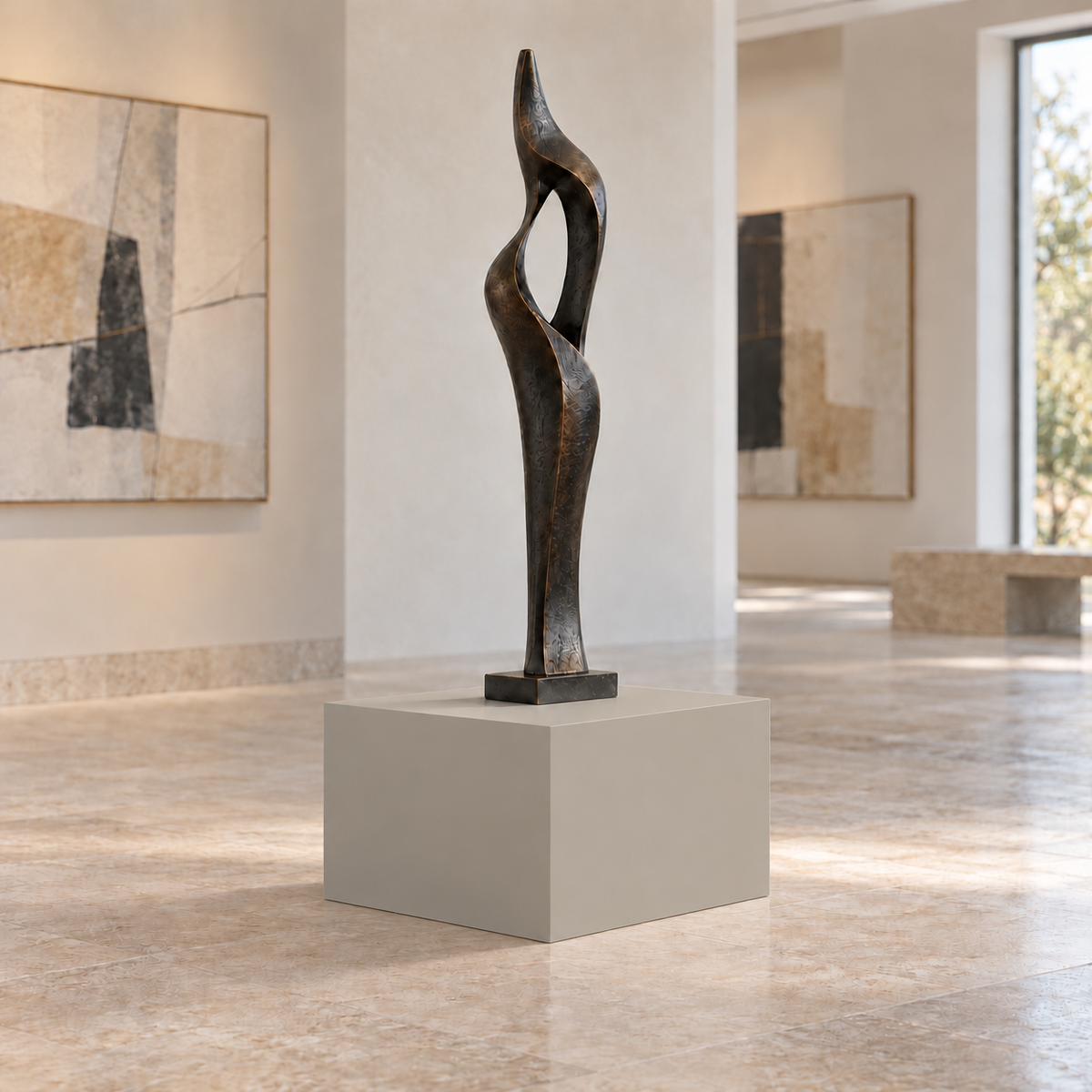 Worldly Gray SW 7043 painted display pedestal in a 01 low gallery squat setting; representative room rendering.