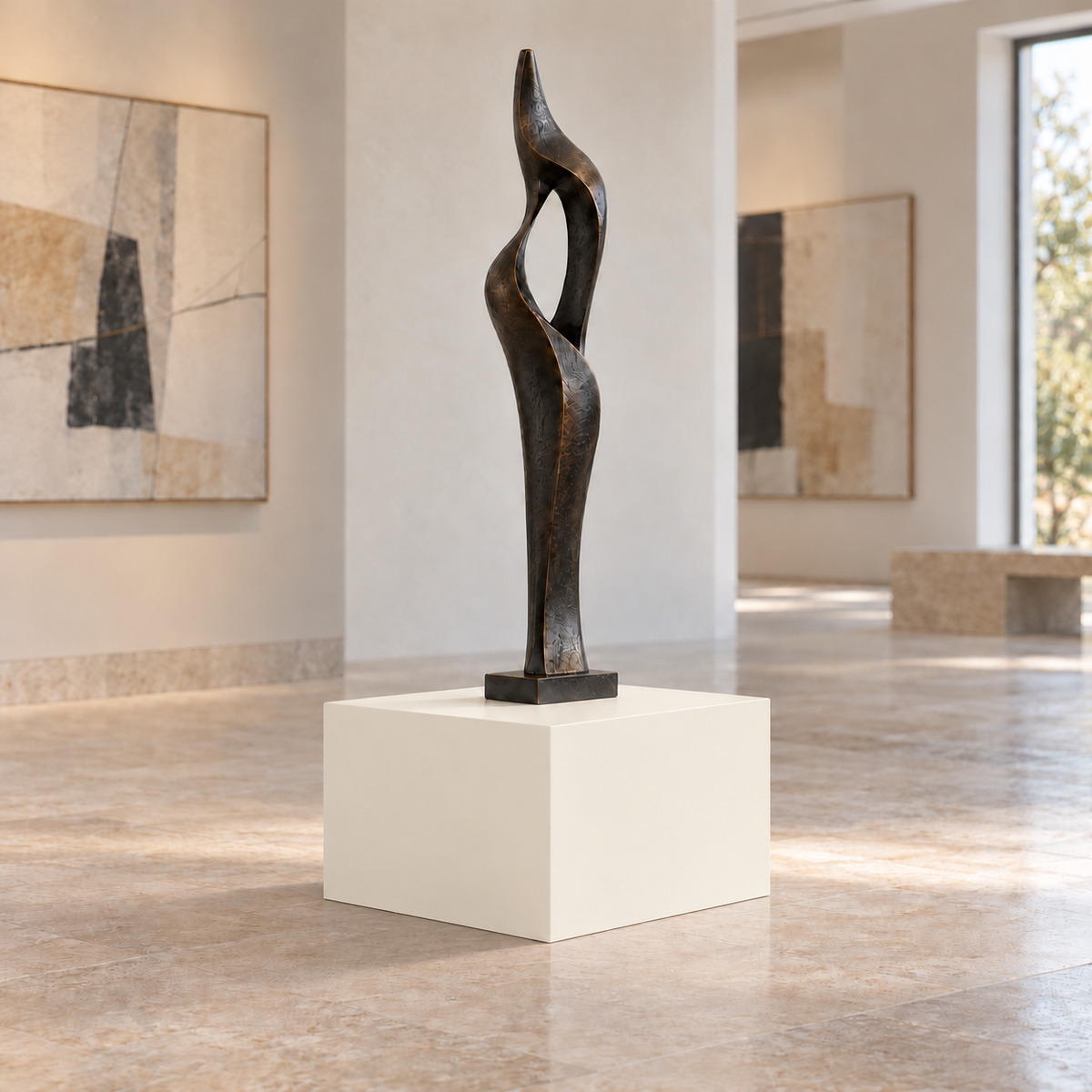 Greek Villa SW 7551 painted display pedestal in a 01 low gallery squat setting; representative room rendering.
