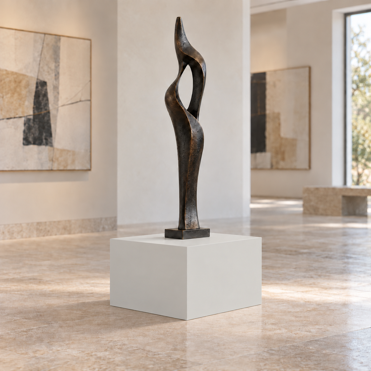 First Star SW 7646 painted display pedestal in a 01 low gallery squat setting; representative room rendering.