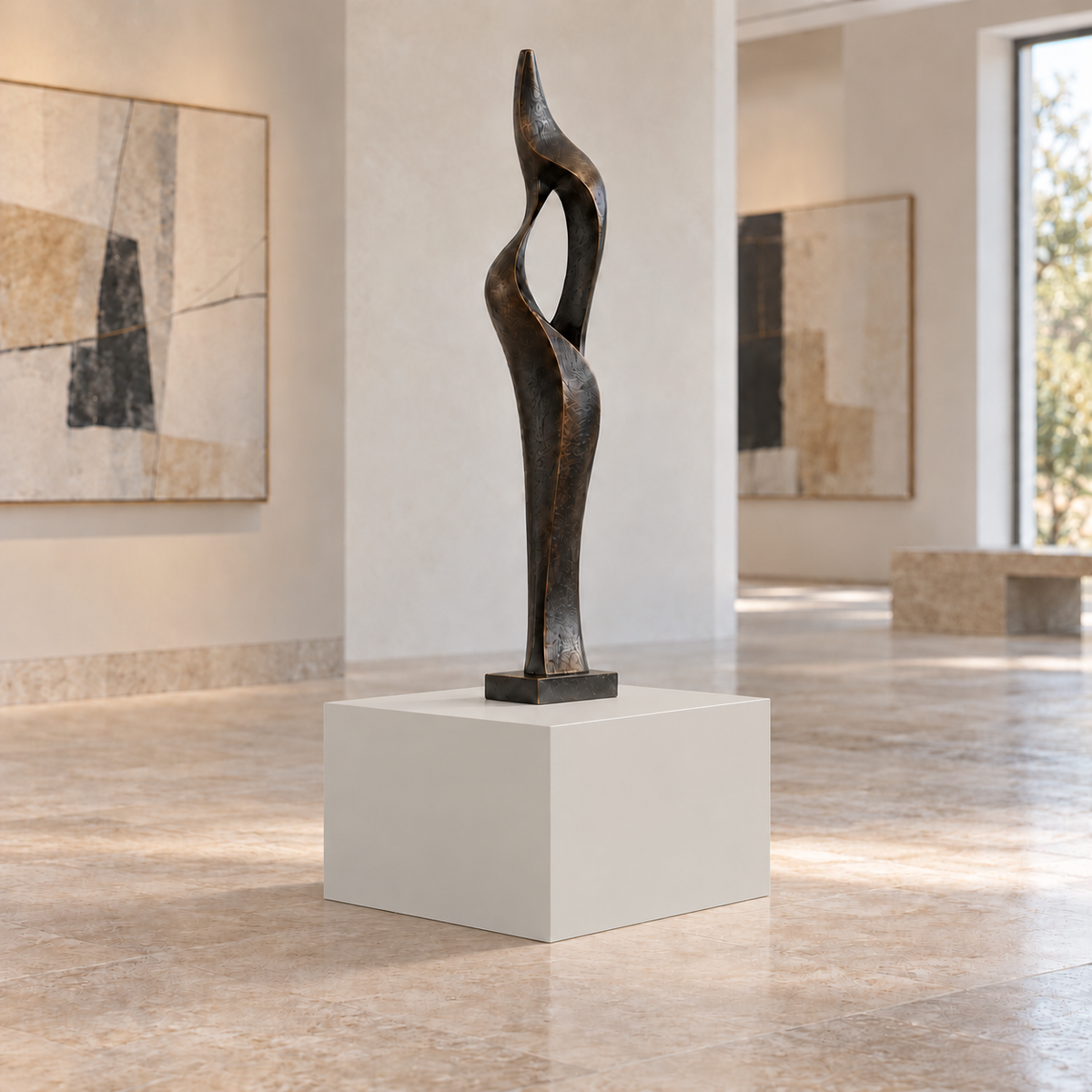Crushed Ice SW 7647 painted display pedestal in a 01 low gallery squat setting; representative room rendering.