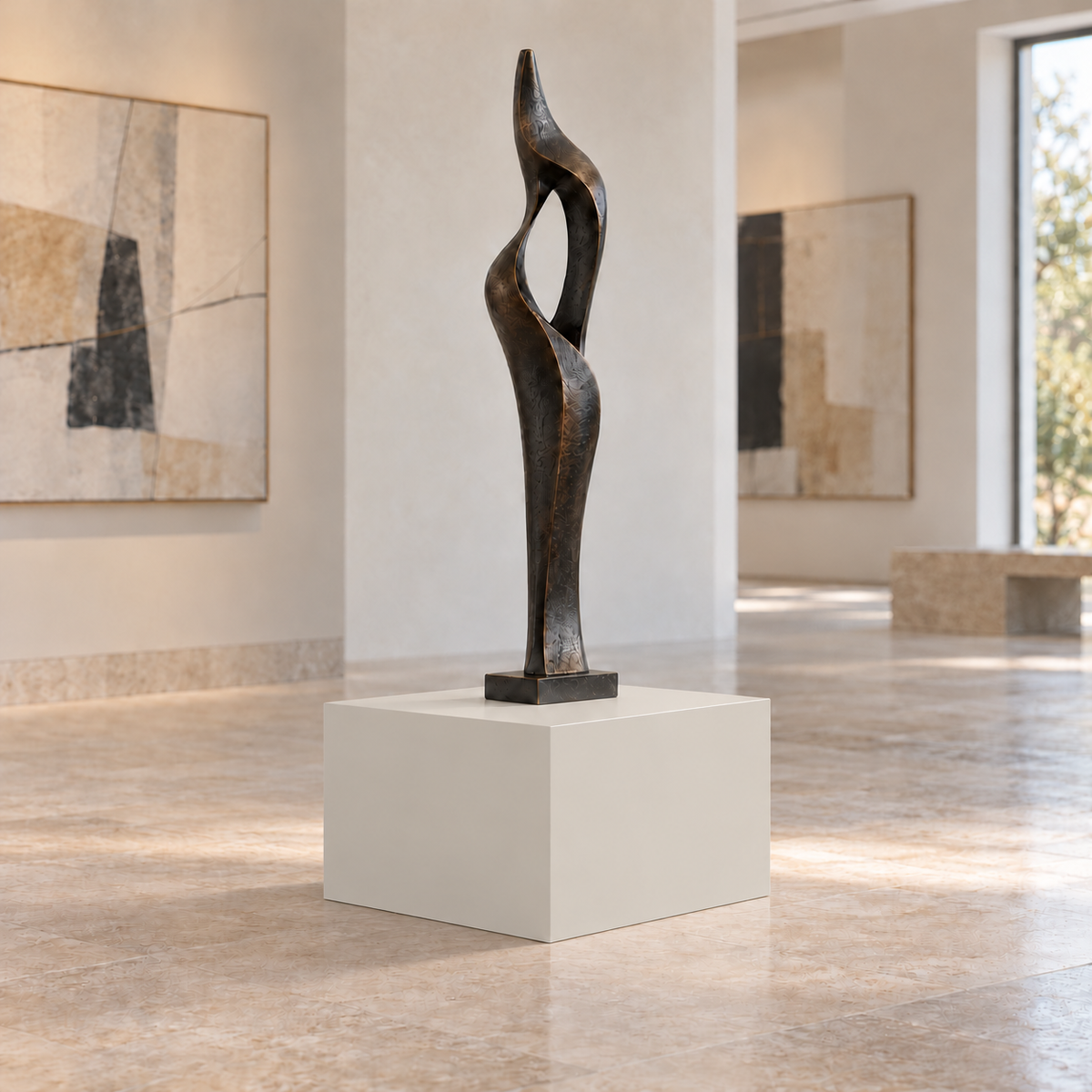 Gossamer Veil SW 9165 painted display pedestal in a 01 low gallery squat setting; representative room rendering.