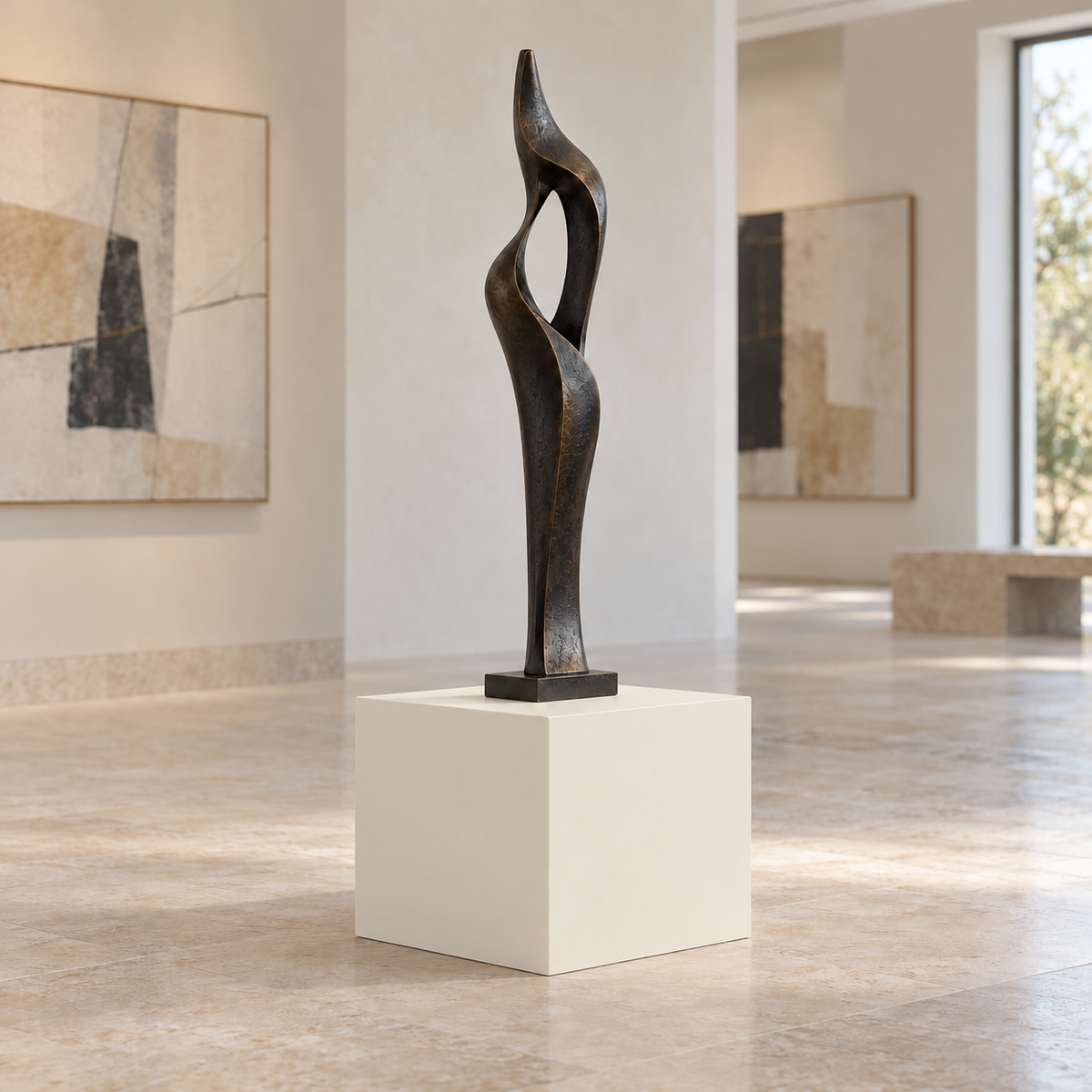 Dover White SW 6385 painted display pedestal in a 01 low gallery setting; representative room rendering.