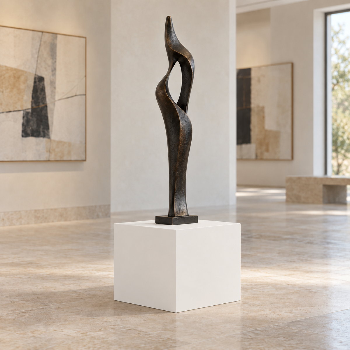 Snowbound SW 7004 painted display pedestal in a 01 low gallery setting; representative room rendering.