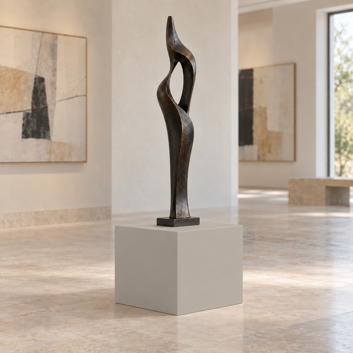 Mindful Gray SW 7016 painted display pedestal in a 01 low gallery setting; representative room rendering.