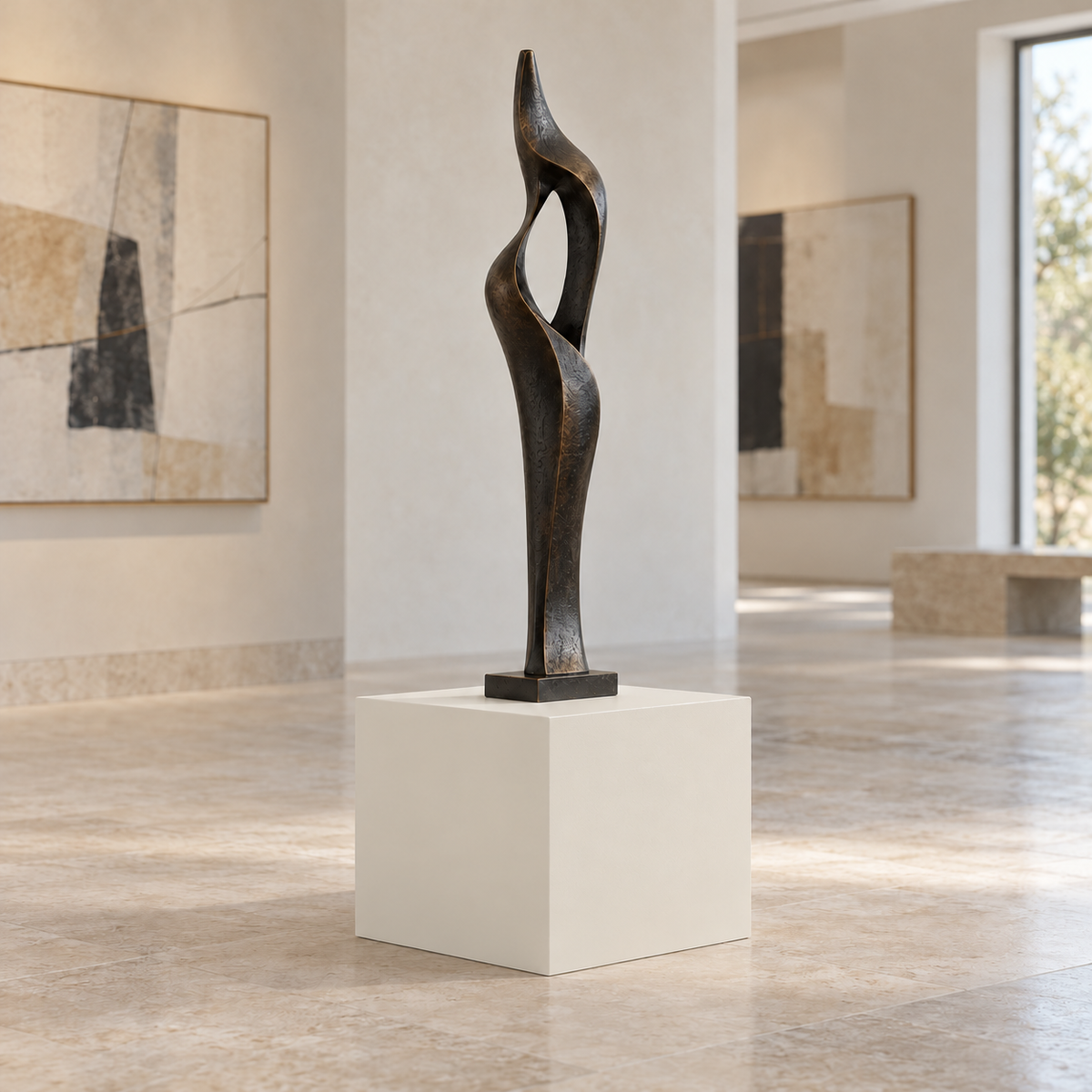 Shoji White SW 7042 painted display pedestal in a 01 low gallery setting; representative room rendering.