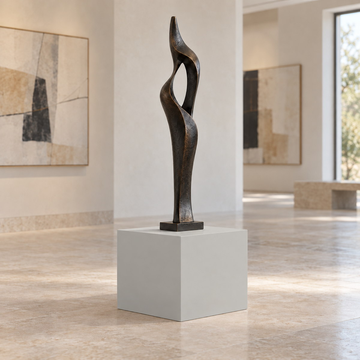 Passive SW 7064 painted display pedestal in a 01 low gallery setting; representative room rendering.