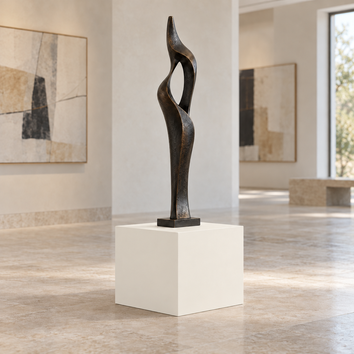 Greek Villa SW 7551 painted display pedestal in a 01 low gallery setting; representative room rendering.