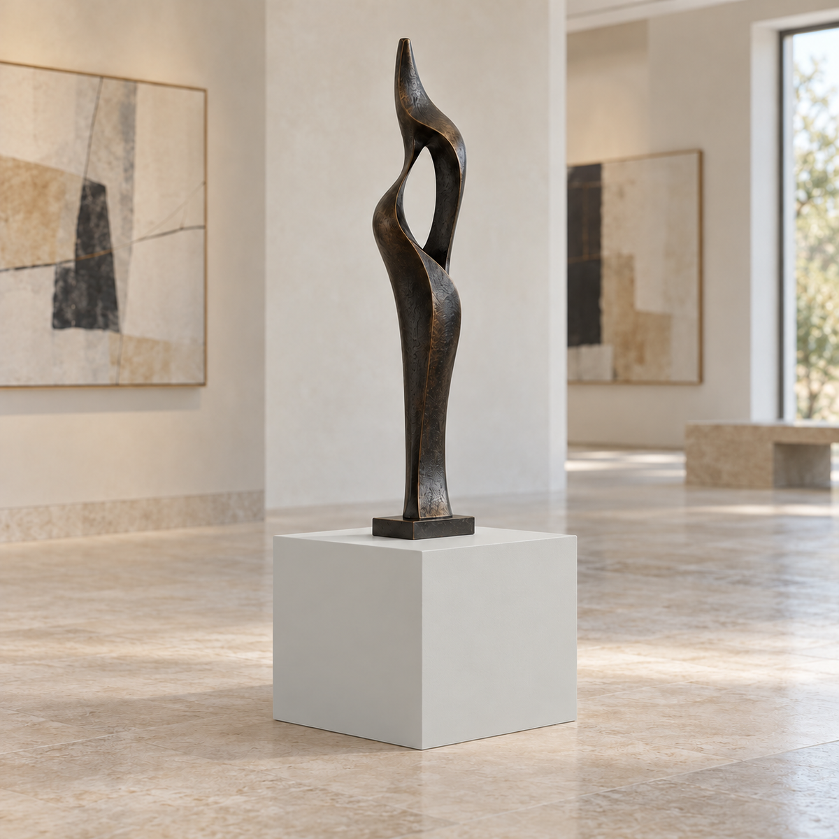 First Star SW 7646 painted display pedestal in a 01 low gallery setting; representative room rendering.