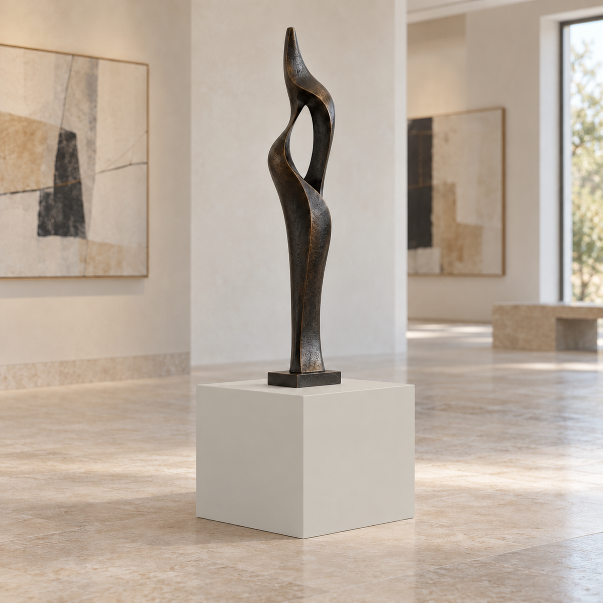 Crushed Ice SW 7647 painted display pedestal in a 01 low gallery setting; representative room rendering.
