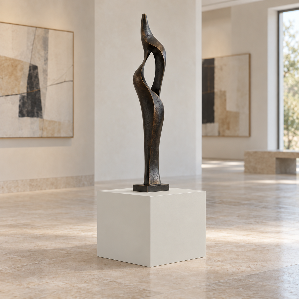Drift of Mist SW 9166 painted display pedestal in a 01 low gallery setting; representative room rendering.