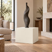 Dover White SW 6385 painted display pedestal in a 02 low living room broad setting; representative room rendering.