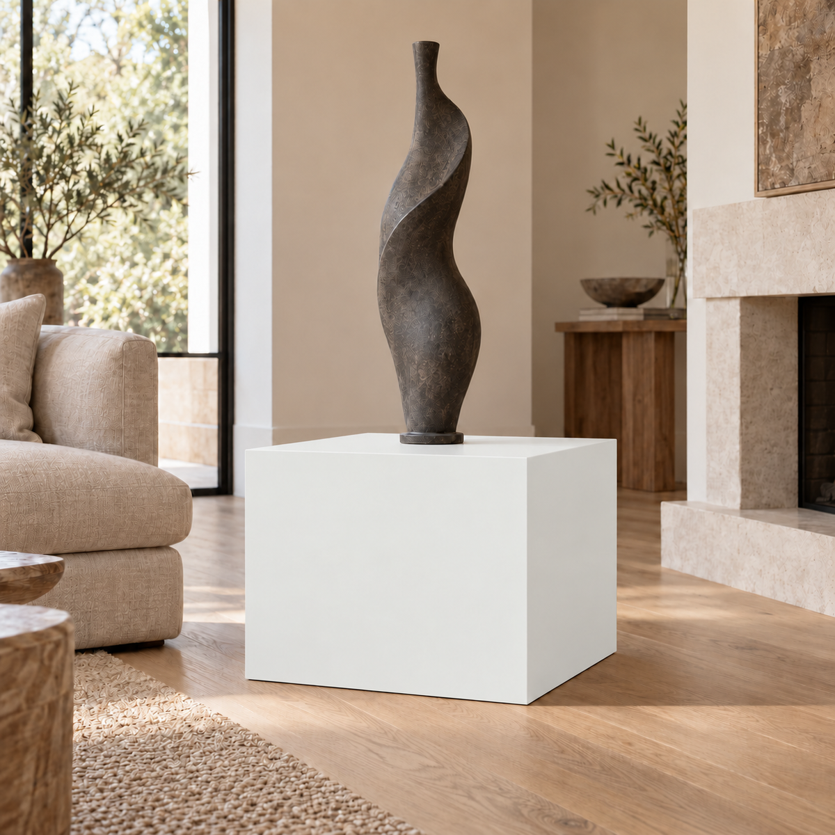 Ceiling Bright White SW 7007 painted display pedestal in a 02 low living room broad setting; representative room rendering.