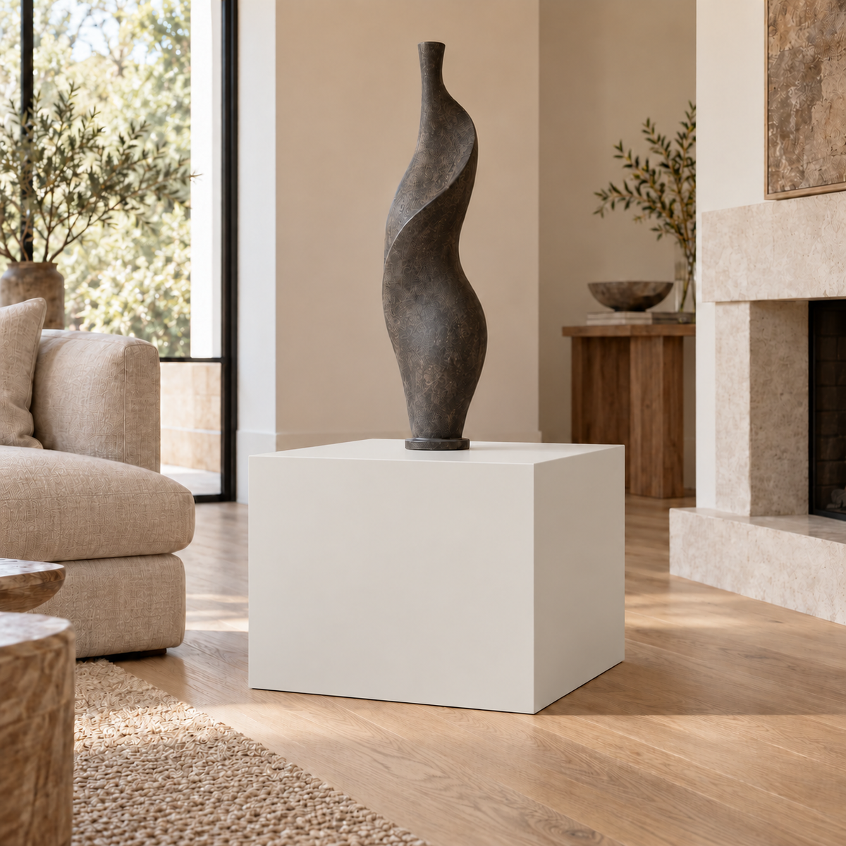 Eider White SW 7014 painted display pedestal in a 02 low living room broad setting; representative room rendering.