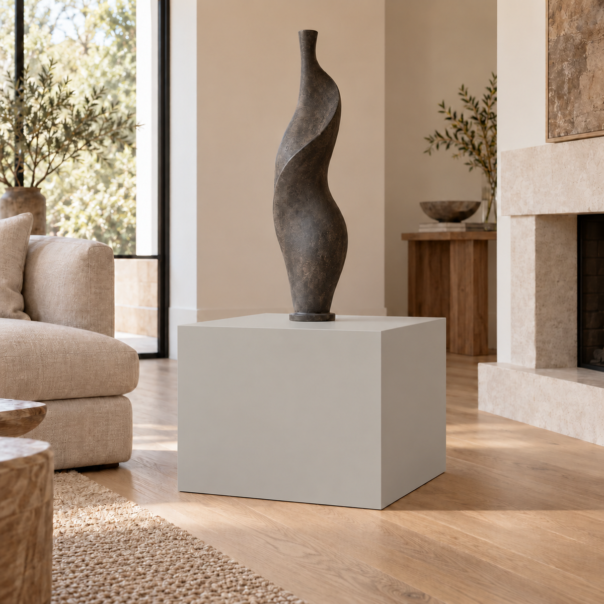 Repose Gray SW 7015 painted display pedestal in a 02 low living room broad setting; representative room rendering.