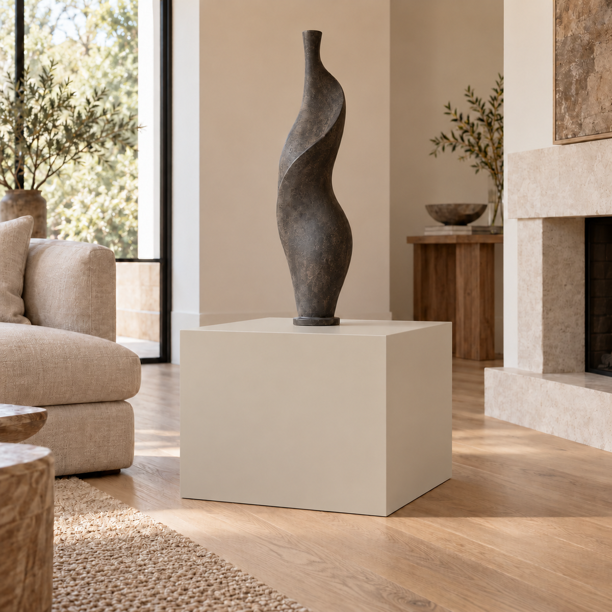 Accessible Beige SW 7036 painted display pedestal in a 02 low living room broad setting; representative room rendering.