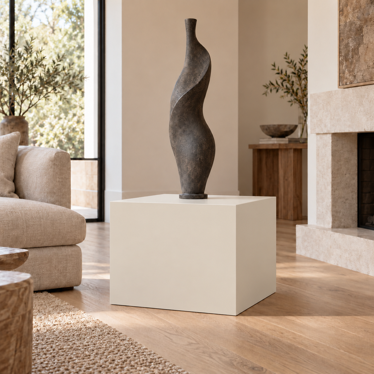 Shoji White SW 7042 painted display pedestal in a 02 low living room broad setting; representative room rendering.