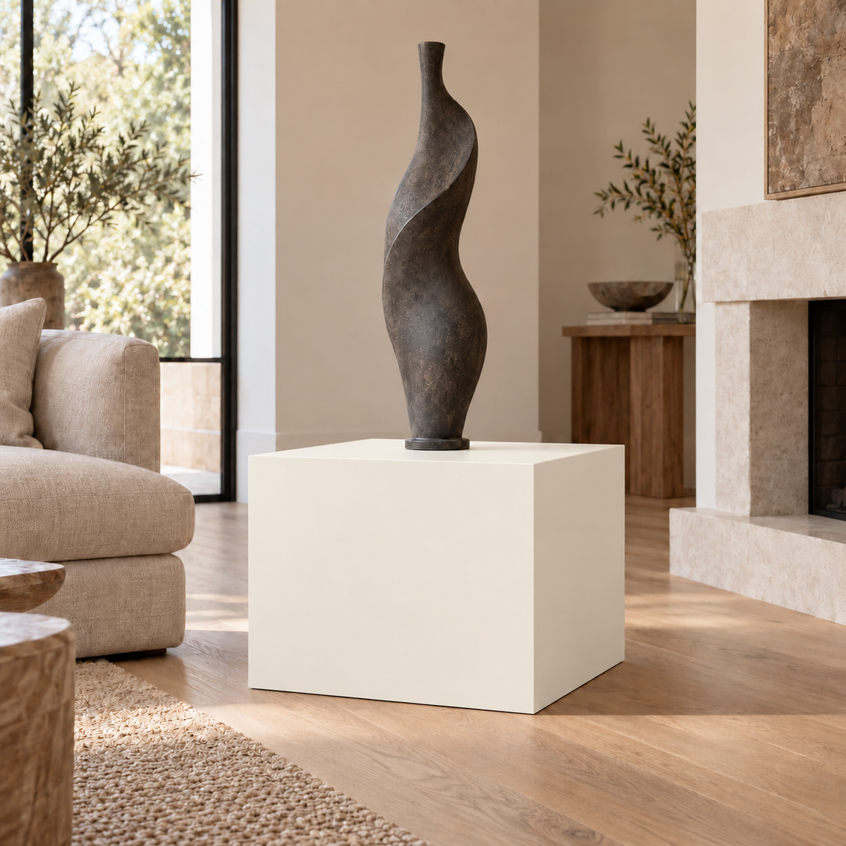 Greek Villa SW 7551 painted display pedestal in a 02 low living room broad setting; representative room rendering.