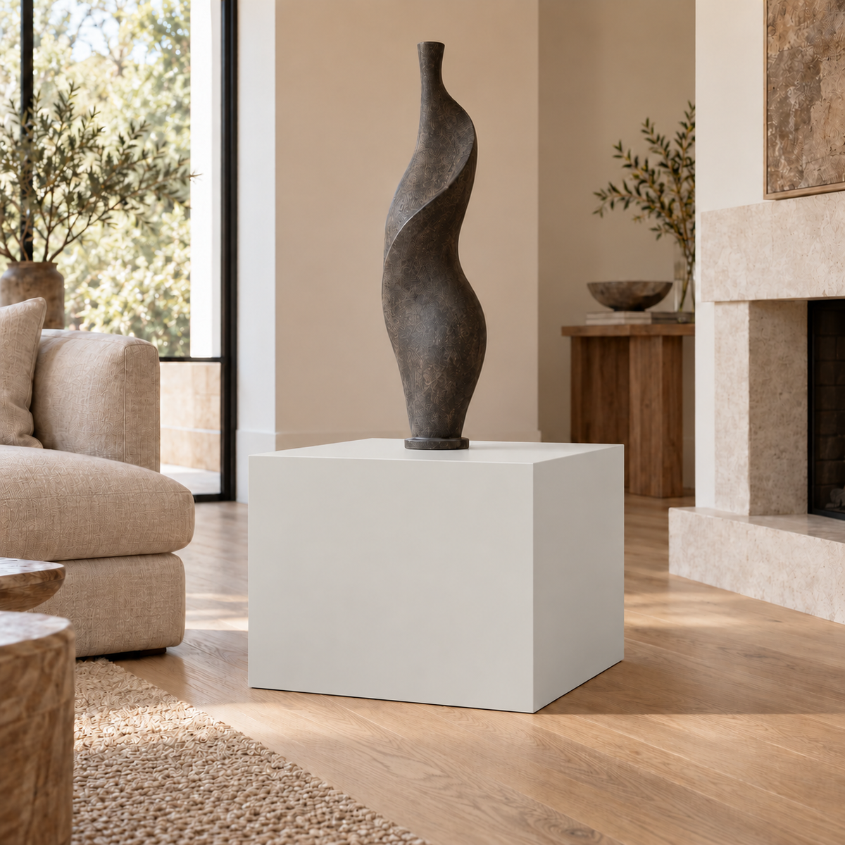 First Star SW 7646 painted display pedestal in a 02 low living room broad setting; representative room rendering.