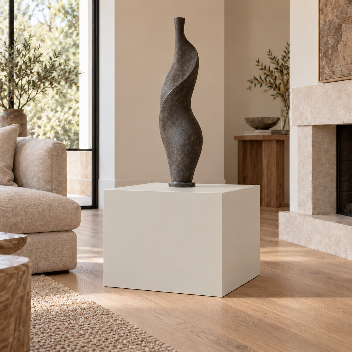 Gossamer Veil SW 9165 painted display pedestal in a 02 low living room broad setting; representative room rendering.