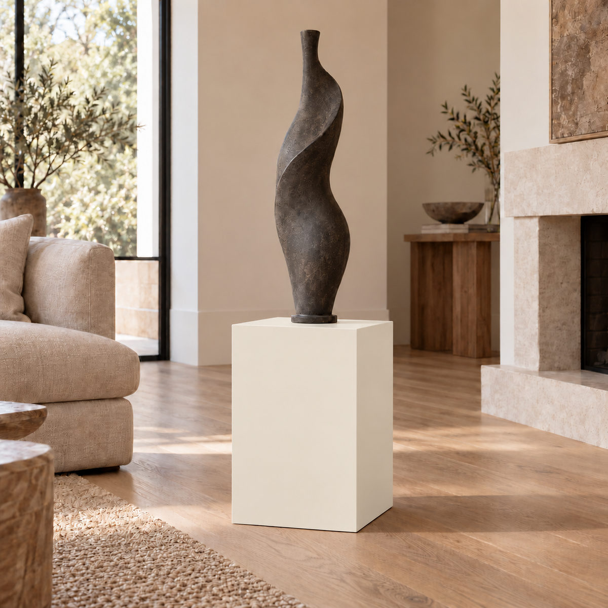 Dover White SW 6385 painted display pedestal in a 02 low living room narrow setting; representative room rendering.