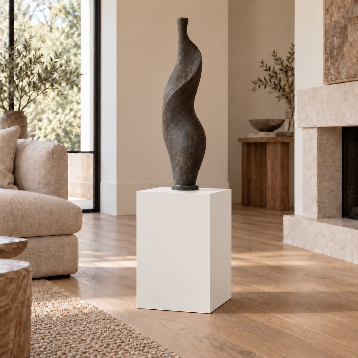 Snowbound SW 7004 painted display pedestal in a 02 low living room narrow setting; representative room rendering.